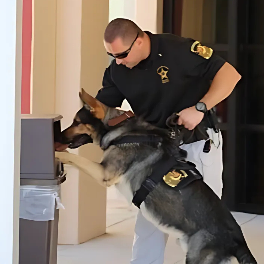 Campus security with dog sniffing trash can